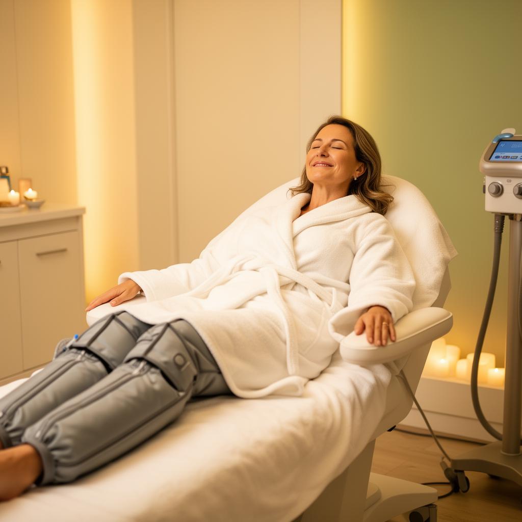 Cliente a relaxar durante uma sessão Sentir+ de pressoterapia e termoterapia
